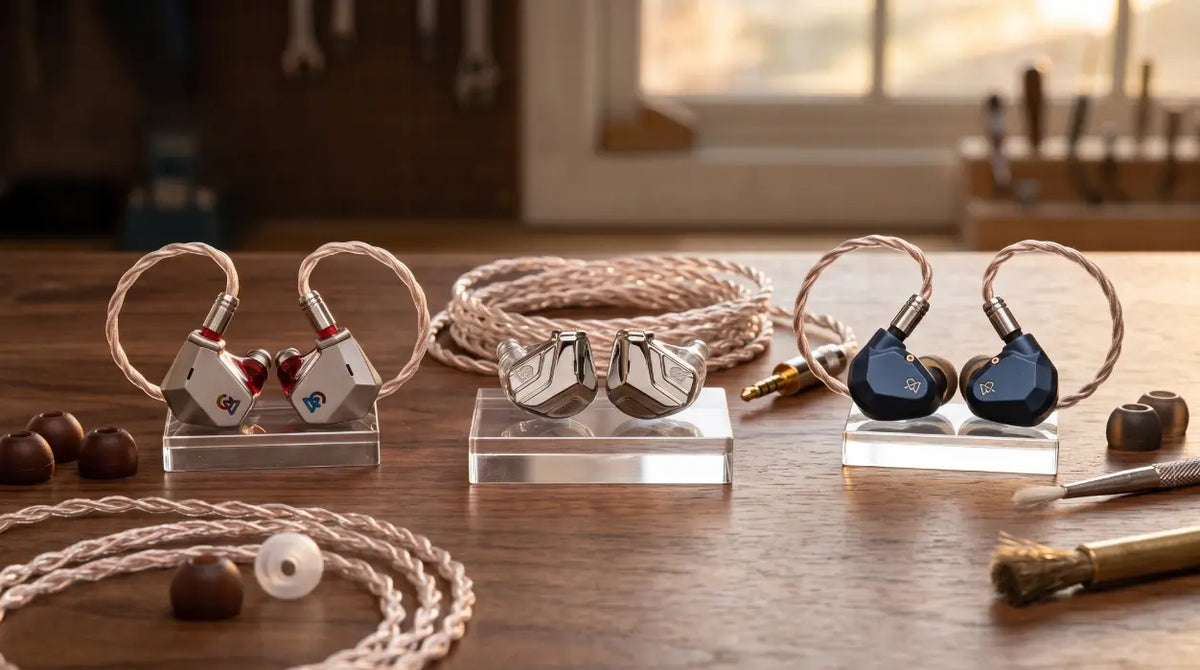 Campfire Audio planar IEMs including Grand Luna, Astrolith, and Supermoon displayed on a wooden workbench.