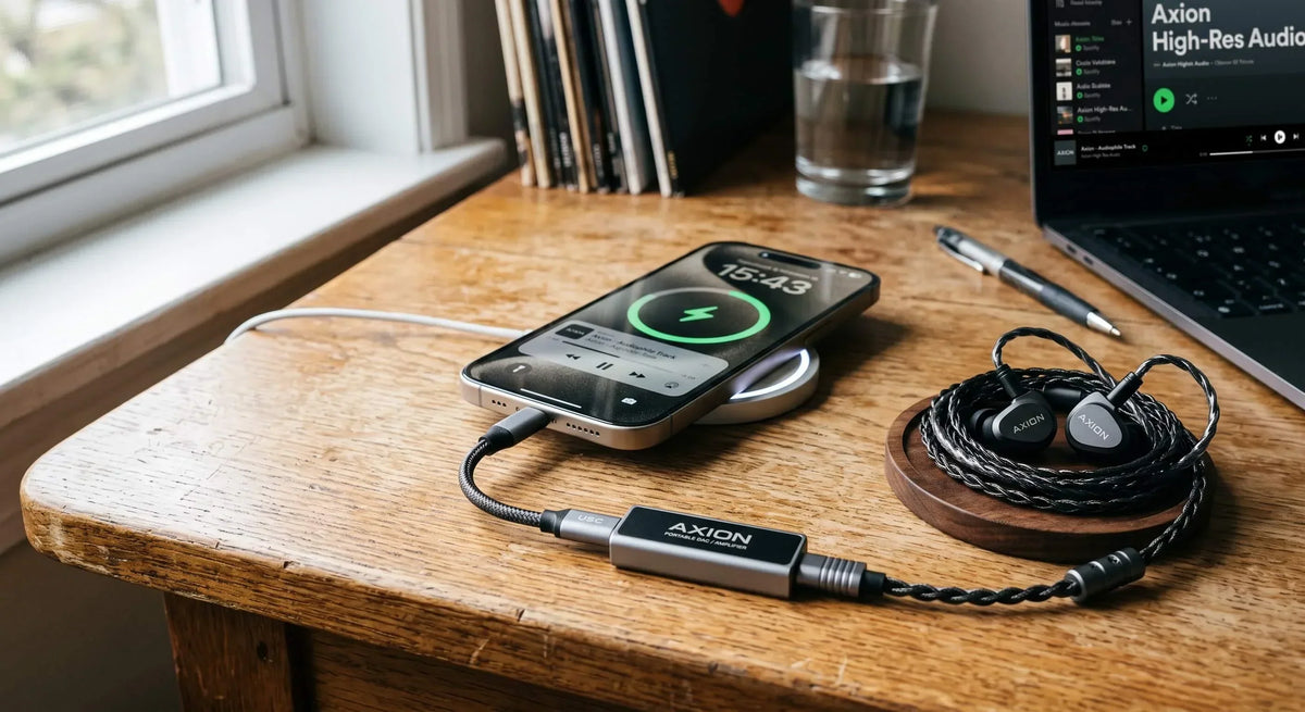 A modern smartphone resting on a wireless MagSafe charging pad while connected to a sleek USB-C DAC inline cable and high-end Axion IEM earphones on a wooden desk.
